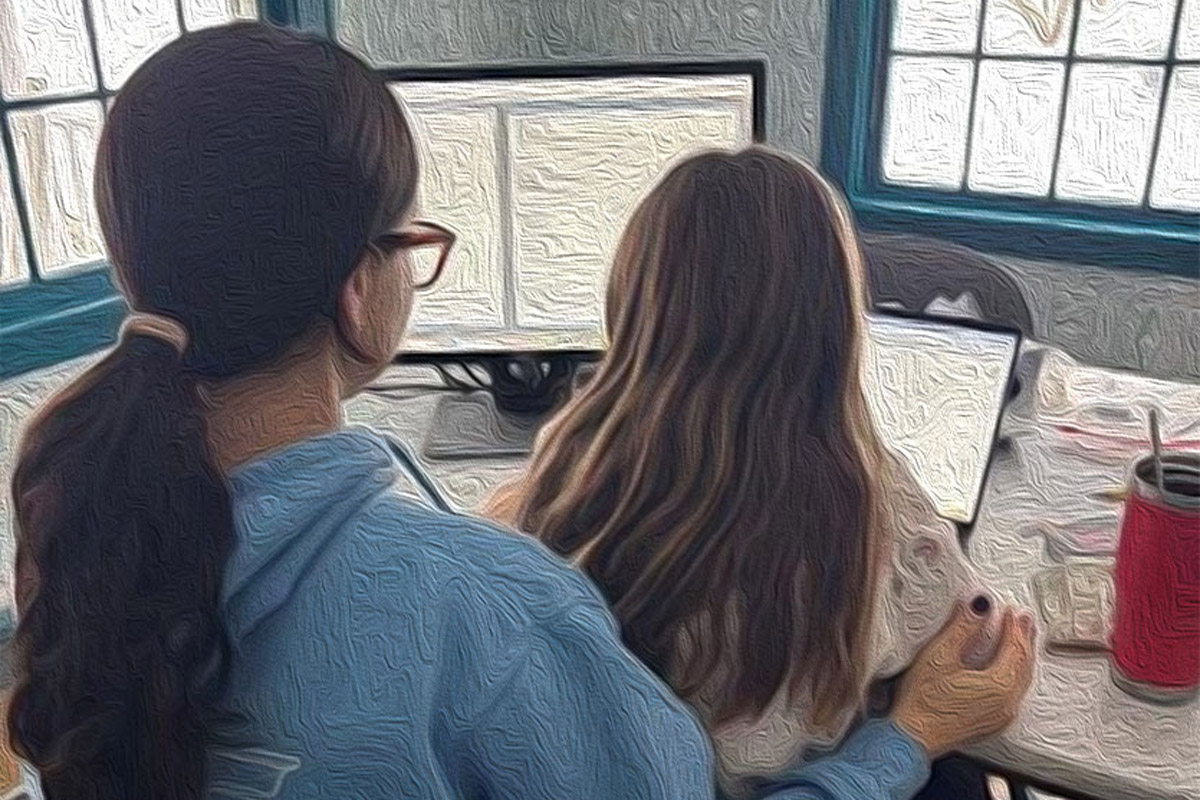 textured image of girl sitting on mom's lap while she works at her computer from home